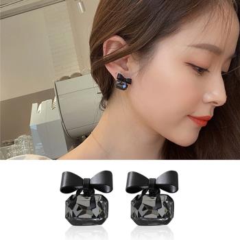 【Emi艾迷】韓系925銀針時尚訂製黑蝴蝶結水晶耳環