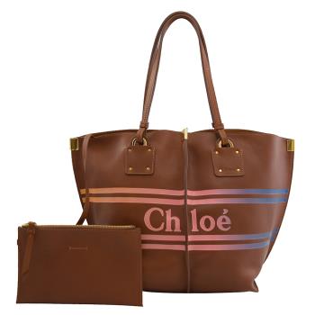 CHLOE 品牌徽章LOGO小牛皮肩背托特包.咖