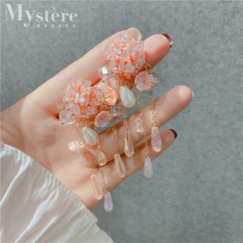 【my stere 我的時尚秘境】925銀針~韓版時尚粉色花朵水晶流蘇耳環