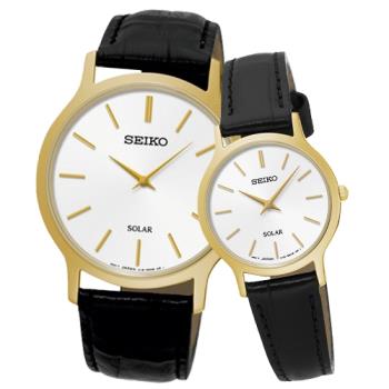 【SEIKO 精工】指針太陽能石英情侶對錶 皮革錶帶 白色錶面 生活日常防水(SUP300P1 + SUP872P1)