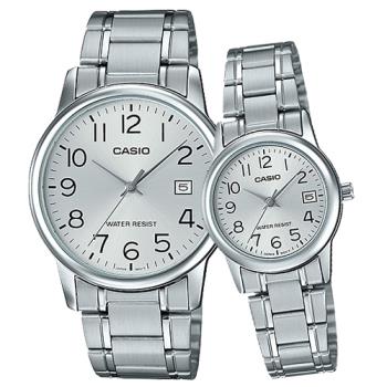 【CASIO 卡西歐】指針對錶 不鏽鋼錶帶 銀 防水 日期顯示(MTP-V002D-7B + LTP-V002D-7B)