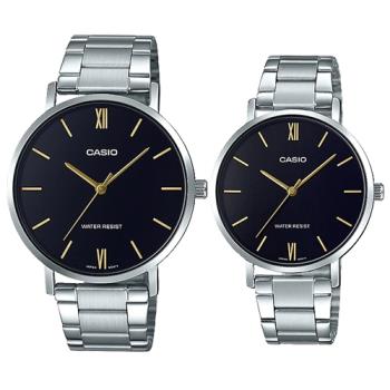 【CASIO 卡西歐】簡約指針對錶 不鏽鋼錶帶 黑色錶面 日常生活防水(MTP-VT01D-1B + LTP-VT01D-1B)