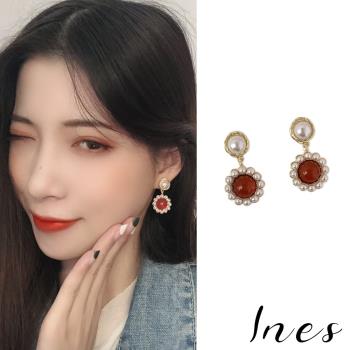 【INES】韓國設計S925銀針復古法式珍珠紅寶石耳環