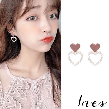 【INES】韓國設計S925銀針縷空愛心珍珠氣質滴釉耳環
