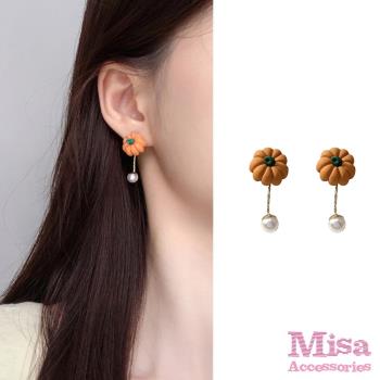 【MISA】韓國設計S925銀針兩戴法可愛小南瓜珍珠耳環