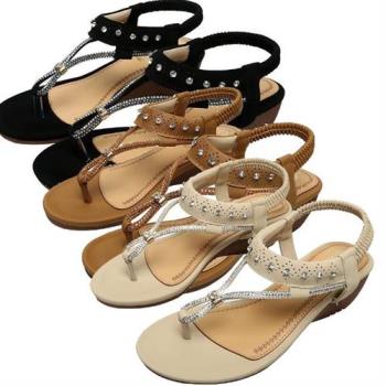 【Taroko】羅馬假期水鑽坡跟T字夾腳坡跟涼鞋(3色可選)
