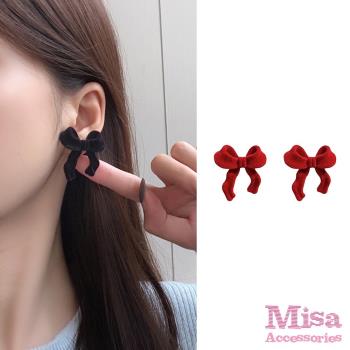 【MISA】韓國設計S925銀針絲絨蝴蝶結造型耳環 (3色任選)