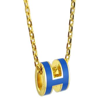 HERMES 藍色琺瑯立體鏤空MINI H墜飾金鍊項鍊
