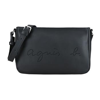 agnes b. 鏤空LOGO皮革斜背包-黑