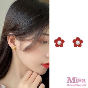 【MISA】韓國設計925銀針可愛彩色珍珠花朵耳環 (2色任選)