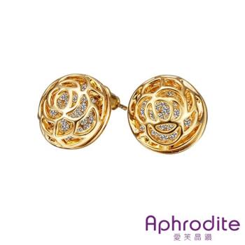 Aphrodite 愛芙晶鑽 縷空玫瑰花滿鑽造型耳環 黃金色