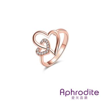 【Aphrodite 愛芙晶鑽】 縷空雙心環扣美鑽線條造型戒指 玫瑰金色