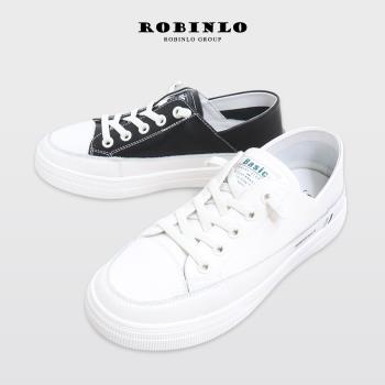 Robinlo輕柔舒適感全真皮小白鞋休閒鞋 HANKS-白色/黑色