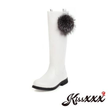 【Kissxxx】粗跟長靴低跟長靴/氣質毛球裝飾素面純色低跟長靴  白