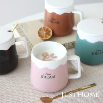 【Just Home】奶油泡泡陶瓷馬克杯-340ml附杯蓋及湯匙(2件組)