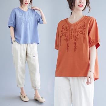 麗莎熊 LisaBear 春夏Ｖ領純色刺繡前短後長造型上衣 M~2XL 大尺碼可穿 兩色可選