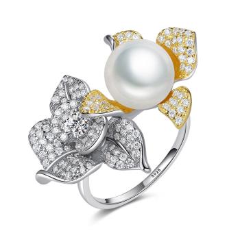 【ANGEL】時尚玻璃珠玫瑰花形鑲鋯石戒指(可調整大小)