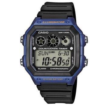 【CASIO】 10年電力亮眼設計方形數位錶-藍框x黑錶圈 (AE-1300WH-2A)