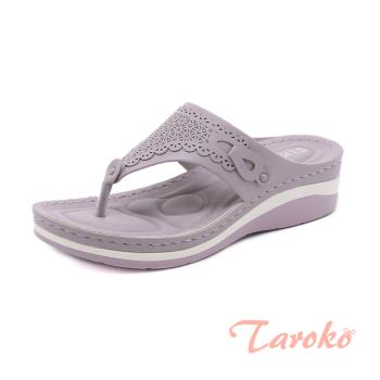 【Taroko】輕盈復古按摩夾腳海綿坡跟拖鞋(3色可選)