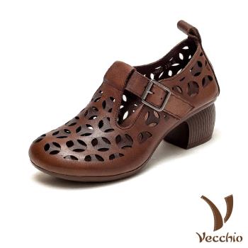 【VECCHIO】跟鞋 粗跟鞋 /真皮頭層牛皮幾何縷空T字釦帶造型粗跟鞋 棕
