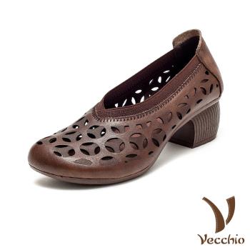 【VECCHIO】跟鞋 粗跟鞋 /真皮頭層牛皮幾何縷空V口造型粗跟鞋 咖
