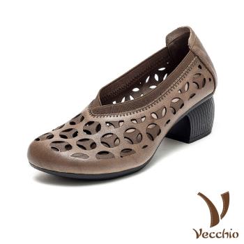 【VECCHIO】跟鞋 粗跟鞋 /真皮頭層牛皮幾何縷空V口造型粗跟鞋 卡其