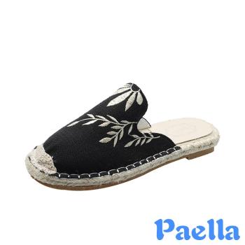 【Paella】拖鞋 平底拖鞋/金色花葉刺繡草編平底拖鞋 黑