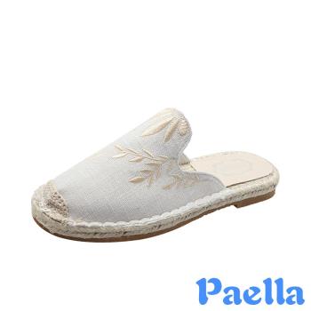 【Paella】拖鞋 平底拖鞋/金色花葉刺繡草編平底拖鞋 白