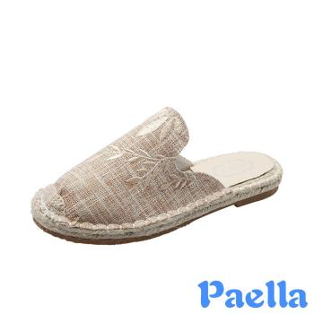 【Paella】拖鞋 平底拖鞋/金色花葉刺繡草編平底拖鞋 米