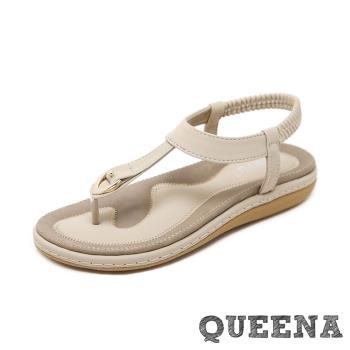 【queena】涼鞋 羅馬涼鞋/時尚金屬釦T字簡約舒適厚底羅馬涼鞋 白