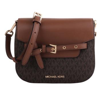 MICHAEL KORS 金字編織綁帶拼接皮革斜背包(深咖x駝)小款