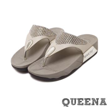 【QUEENA】拖鞋 夾腳拖鞋/時尚V型美鑽設計款舒適厚底夾腳拖鞋 金