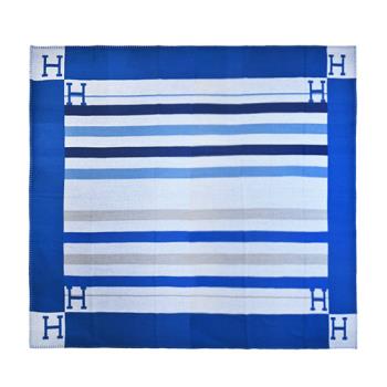 Hermes H直紋線條 100% 喀什米爾羊毛地毯(寶藍/淺藍)