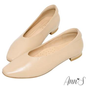 Ann’S奶奶鞋-超軟牛油皮小方頭深口平底鞋-杏