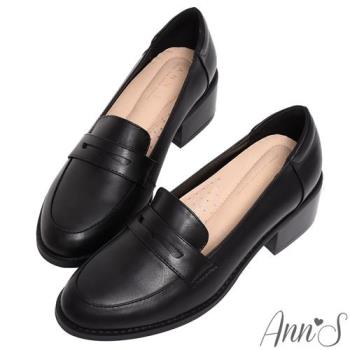Ann’S學院提案-質感素面粗跟5cm樂福鞋-黑