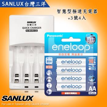 三洋智慧型充電器+新款彩版 國際牌 eneloop 低自放3號2000mAh充電電池(4顆入)