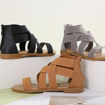 【Taroko】單色鬆緊彈性布料羅馬平底涼鞋(3色可選)