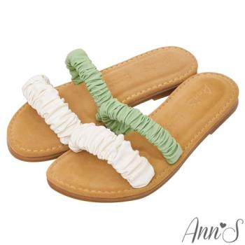 Ann’S水洗牛皮-雙色抓皺寬腳友善圓頭涼鞋-綠(版型偏小)