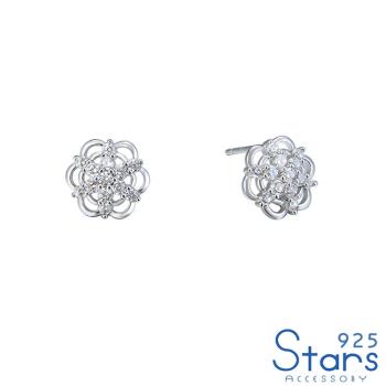 【925 STARS】純銀925閃耀美鑽鋯石雪花花朵造型耳釘 造型耳釘 美鑽耳釘