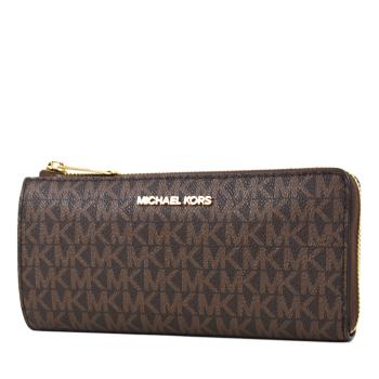 MICHAEL KORS 專櫃款 緹花LOGO防刮皮革L型拉鍊長夾-咖啡色