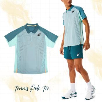 Asics 短袖上衣 Tennis Polo Tee 男款 湖水綠 緹花孔洞 防潑水 短T 運動 襯衫領 2041A193302 [ACS 跨運動]