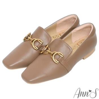 Ann’S超柔軟綿羊皮-精品古銅金扣顯瘦小方頭平底鞋-棕