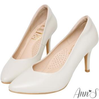 Ann’S舒適療癒系-V型美腿綿羊皮尖頭跟鞋-米白