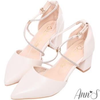 Ann’S腳背X鑽石條粗跟尖頭鞋-5.5cm-米白