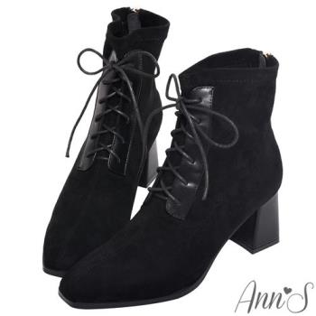 Ann’S美學精神-異材質拼接綁帶貼腿粗跟短靴-黑