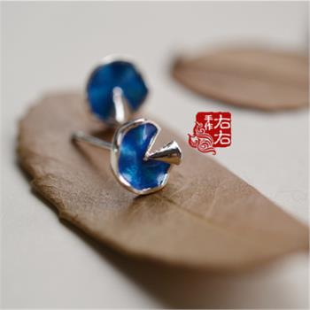 925純銀荷葉造型燒藍古風銀耳飾