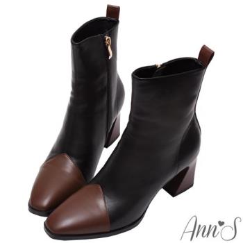 Ann’S高段位時尚-拼接色造型鞋根方頭短靴-咖黑(版型偏小)