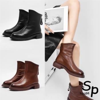           【Sp house】復古純色後拉鍊雙層牛皮短筒靴(2色可選)                  