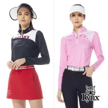 【Lynx Golf】女款合身版內刷毛半身剪裁印花立領配布設計長袖立領POLO衫/高爾夫球衫(二色)