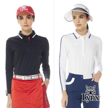 【Lynx Golf】首爾高桿風格！女款吸排抗UV內刷毛保暖配色邊條不對稱下擺設計長袖POLO衫/高爾夫球衫(二色)